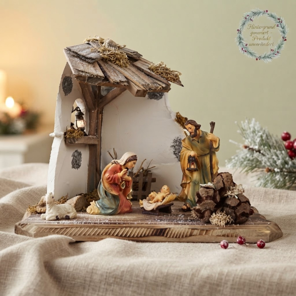 Kleine Weihnachtskrippe Raitenberg inkl. heiliger Familie K001-01 und Schaf, Maße: ca. 28 x 20 x 22 cm